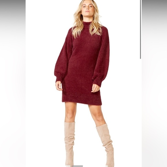 NWT BARDOT Balloon Sleeve eyelash Knit sweater Dress In Merlot women’s size S - Picture 1 of 11